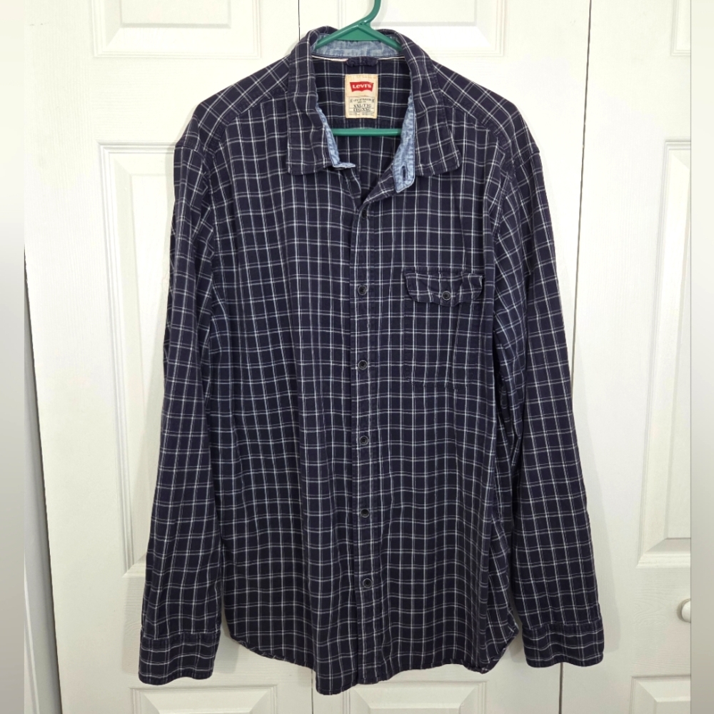 Men's Levi Strauss Blue and White Plaid Long Sleeve Button Down Shirt Sz XXL